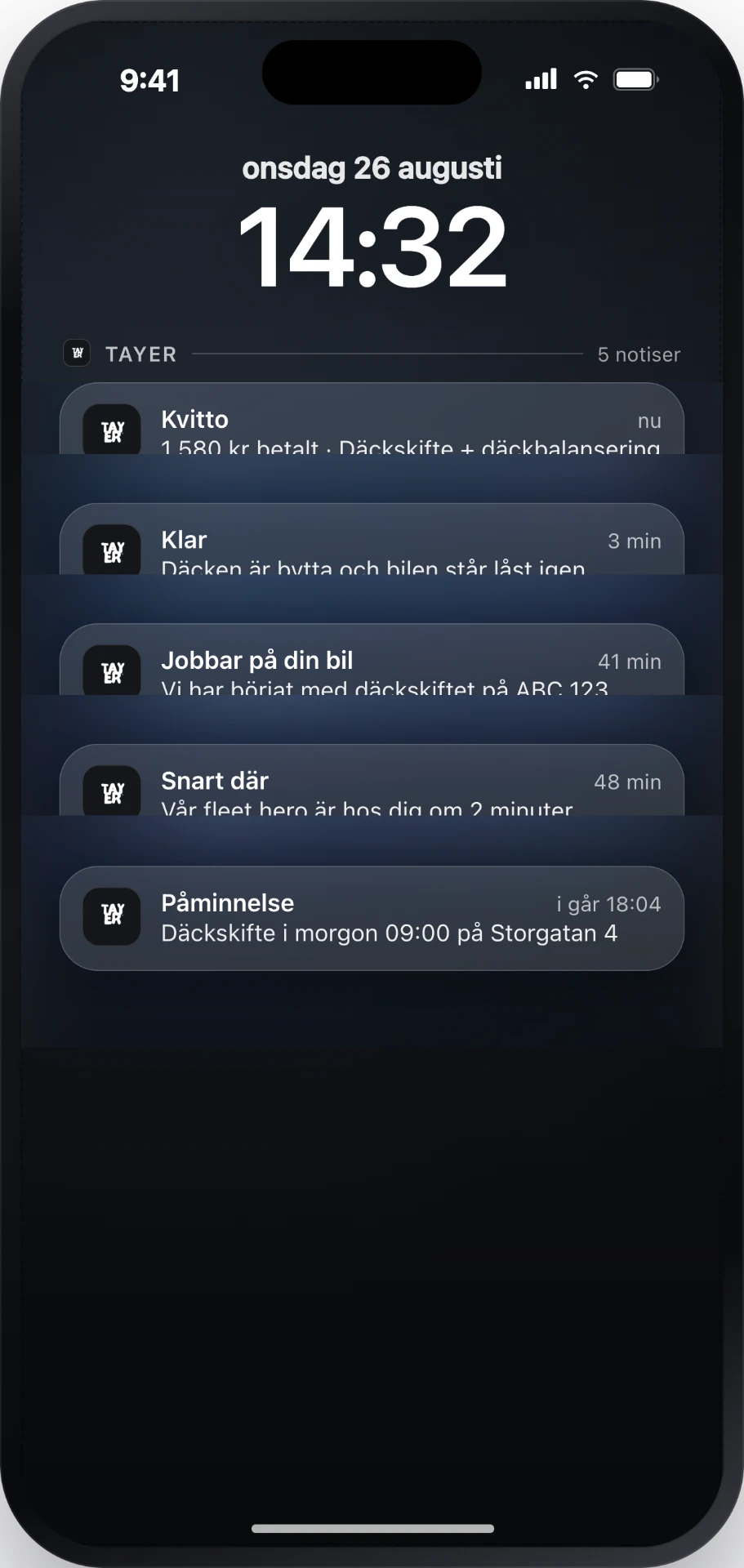 Tayer-notiser: kvitto, påminnelse och statusuppdateringar på låsskärmen