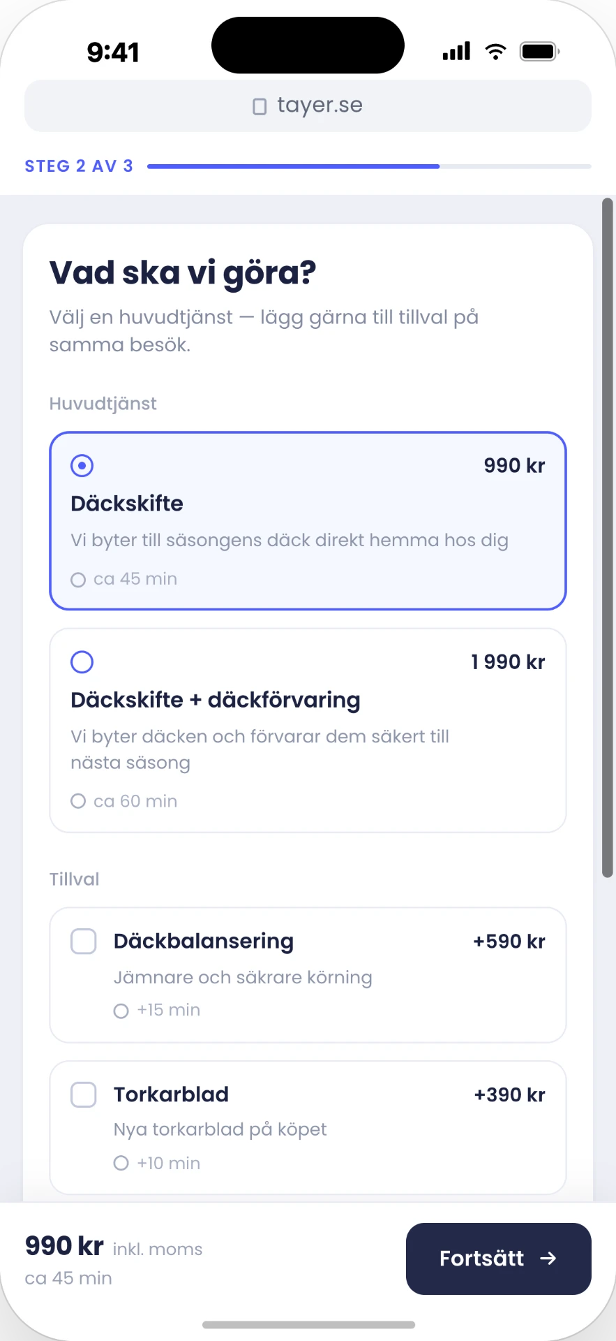 Mobil vy över Tayer-bokning med tjänstval, tillval och pris
